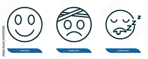 set of 3 linear icons from emoji concept. outline icons such as emoji emoji, injured sleeping vector