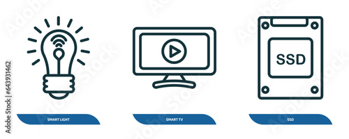 set of 3 linear icons from electronic devices concept. outline icons such as smart light, smart tv, ssd vector