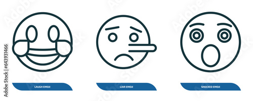 set of 3 linear icons from emoji concept. outline icons such as laugh emoji, liar emoji, shocked vector