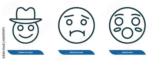 set of 3 linear icons from emoji concept. outline icons such as cowboy hat emoji, nauseated emoji, hushed vector