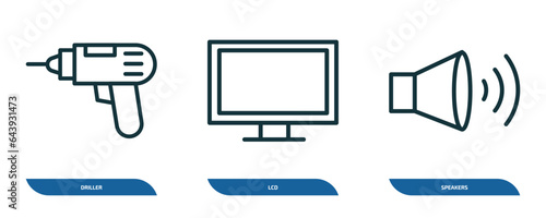 set of 3 linear icons from electronic devices concept. outline icons such as driller, lcd, speakers vector