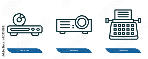 set of 3 linear icons from electronic devices concept. outline icons such as dvd player, projector, typewriter vector