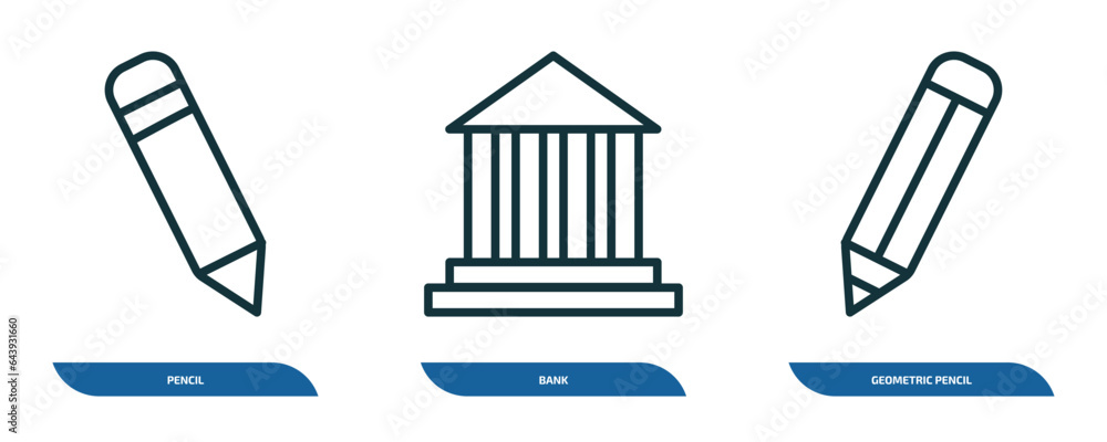 set of 3 linear icons from education concept. outline icons such as pencil, bank, geometric pencil vector set of 3 linear icons from education concept. outline icons such as pencil, bank, geometric pencil vector
