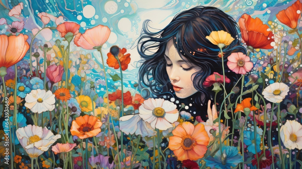 Beautiful young woman on flower field, AI generated Image Beautiful young woman on flower field, AI generated Image