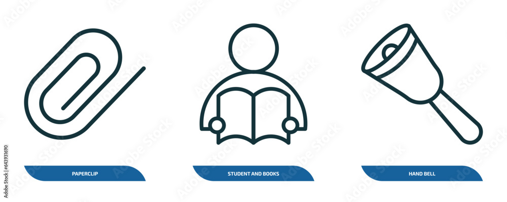 set of 3 linear icons from education concept. outline icons such as paperclip, student and books, hand bell vector set of 3 linear icons from education concept. outline icons such as paperclip, student and books, hand bell vector
