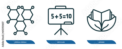 set of 3 linear icons from education concept. outline icons such as chemical formula, math class, eco book vector