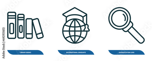 set of 3 linear icons from education concept. outline icons such as library books, international graduate, magnification lens vector