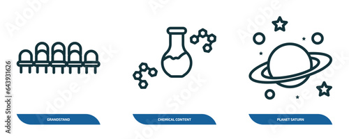 set of 3 linear icons from education concept. outline icons such as grandstand, chemical content, planet saturn vector