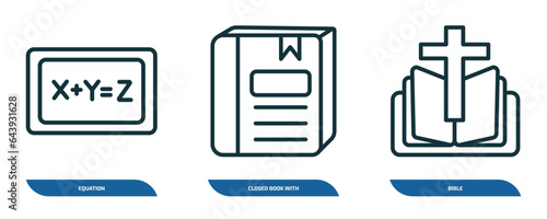 set of 3 linear icons from literature concept. outline icons such as equation, closed book with marker, bible vector