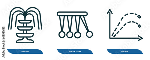 set of 3 linear icons from education concept. outline icons such as fountain, newton cradle, ballistic vector