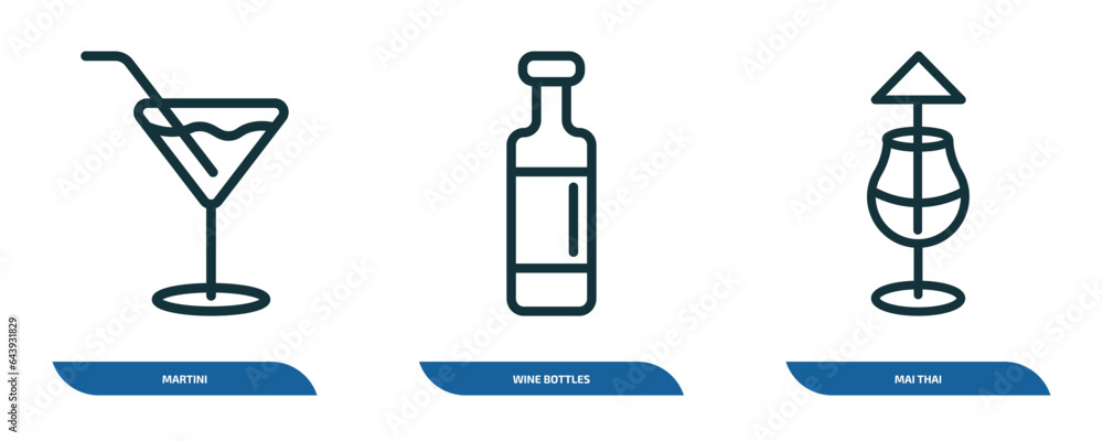 set of 3 linear icons from drinks concept. outline icons such as martini, wine bottles, mai thai vector set of 3 linear icons from drinks concept. outline icons such as martini, wine bottles, mai thai vector