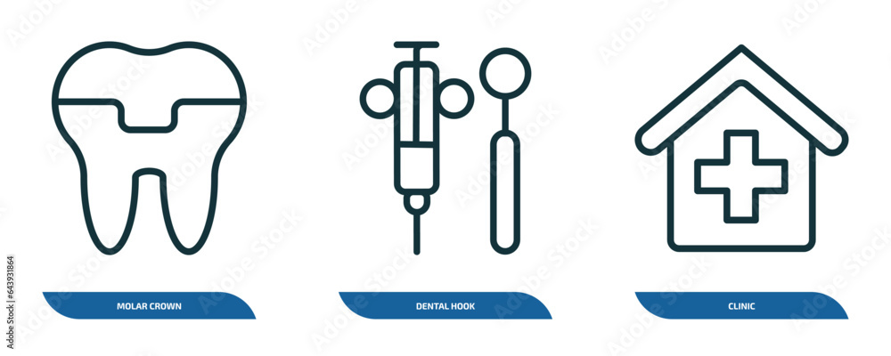 set of 3 linear icons from dentist concept. outline icons such as molar crown, dental hook, clinic vector set of 3 linear icons from dentist concept. outline icons such as molar crown, dental hook, clinic vector