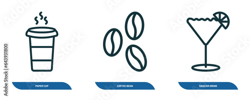 set of 3 linear icons from drinks concept. outline icons such as paper cup, coffee bean, sidecar drink vector
