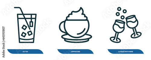 set of 3 linear icons from drinks concept. outline icons such as ice tea, cappuccino, glasses with wine vector