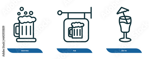set of 3 linear icons from drinks concept. outline icons such as beer mug, pub, mai tai vector