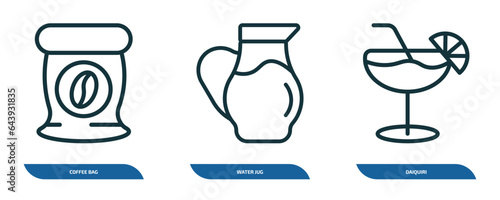 set of 3 linear icons from drinks concept. outline icons such as coffee bag, water jug, daiquiri vector