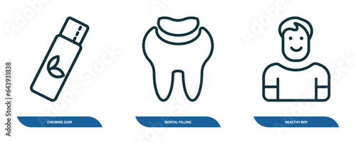 set of 3 linear icons from dentist concept. outline icons such as chewing gum, dental filling, healthy boy vector