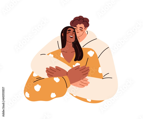 Love couple hugging. Man embracing woman from behind. Happy girl and guy valentines in romantic relationships. Enamored partners cuddling. Flat vector illustration isolated on white background