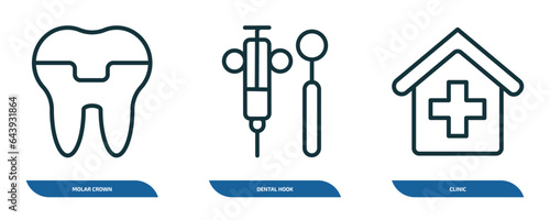 set of 3 linear icons from dentist concept. outline icons such as molar crown, dental hook, clinic vector
