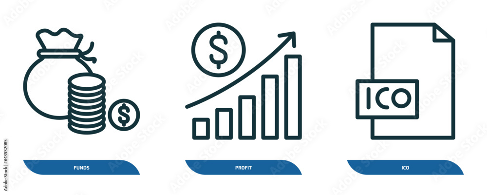 set of 3 linear icons from blockchain concept. outline icons such as funds, profit, ico vector set of 3 linear icons from blockchain concept. outline icons such as funds, profit, ico vector