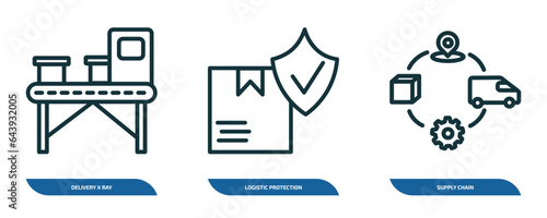 set of 3 linear icons from delivery and logistic concept. outline icons such as delivery x ray, logistic protection, supply chain vector
