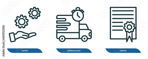 set of 3 linear icons from delivery and logistic concept. outline icons such as support, express delivery, charter vector