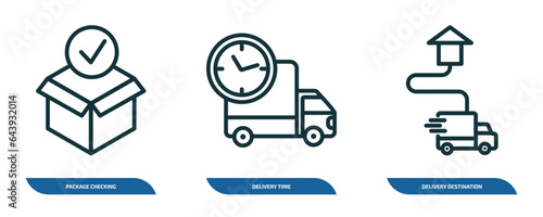 set of 3 linear icons from delivery and logistic concept. outline icons such as package checking, delivery time, delivery destination vector