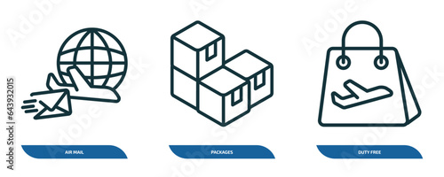 set of 3 linear icons from delivery and logistic concept. outline icons such as air mail, packages, duty free vector