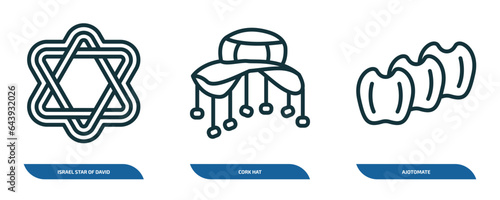 set of 3 linear icons from culture concept. outline icons such as israel star of david, cork hat, ajotomate vector