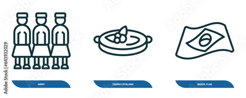 set of 3 linear icons from culture concept. outline icons such as army, crema catalana, brazil flag vector