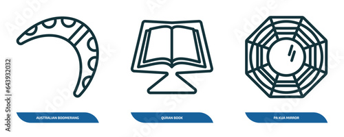 set of 3 linear icons from cultures concept. outline icons such as australian boomerang, quran book, pa kua mirror vector