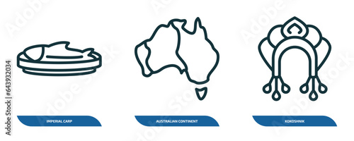 set of 3 linear icons from culture concept. outline icons such as imperial carp, australian continent, kokoshnik vector