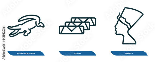set of 3 linear icons from culture concept. outline icons such as australian alligator, egg roll, nefertiti vector