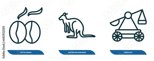 set of 3 linear icons from cultures concept. outline icons such as coffee grains, australian kangaroo, trebuchet vector