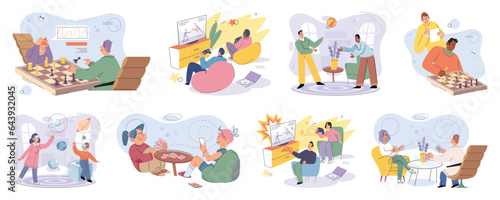 Game together. Family fun. Friendship time. Vector illustration. People playing games together discover new aspects of each others personalities Family game nights allow everyone to unwind and enjoy