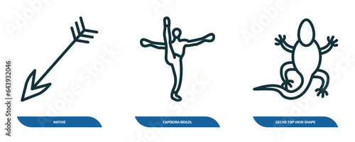 set of 3 linear icons from culture concept. outline icons such as native, capoeira brazil dancers, gecko top view shape vector