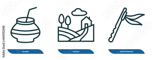 set of 3 linear icons from culture concept. outline icons such as kalabas, tuscany, native american flute vector