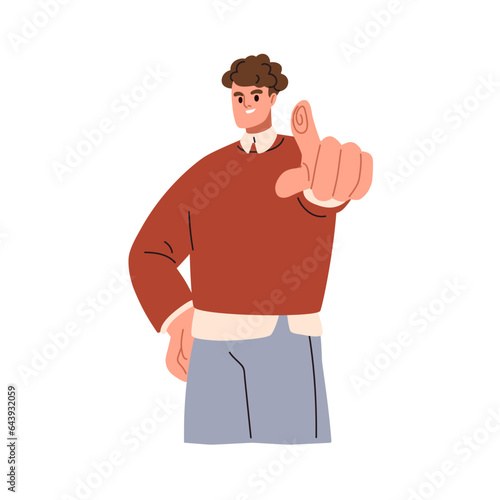 Happy person pointing with finger, picking you, gesturing with hand. Smiling business man, office worker showing forward in front of him. Flat graphic vector illustration isolated on white background