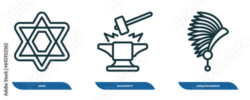 set of 3 linear icons from culture concept. outline icons such as david, blacksmith, indian headdress vector