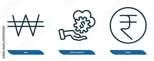 set of 3 linear icons from cryptocurrency concept. outline icons such as won, fintech industry, rupee vector