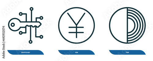set of 3 linear icons from cryptocurrency concept. outline icons such as crypto key, yen, tor vector