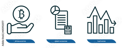 set of 3 linear icons from cryptocurrency concept. outline icons such as bitcoin accepted, budget accounting, fluctuation vector