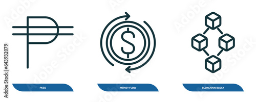 set of 3 linear icons from cryptocurrency concept. outline icons such as peso, money flow, blokchain block vector