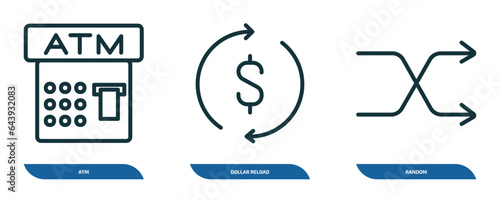 set of 3 linear icons from cryptocurrency concept. outline icons such as atm, dollar reload, random vector
