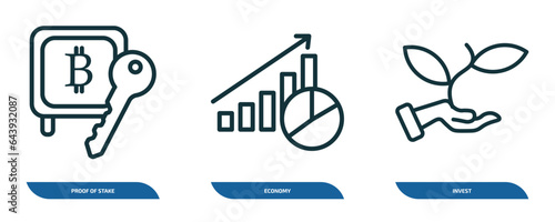 set of 3 linear icons from blockchain concept. outline icons such as proof of stake, economy, invest vector