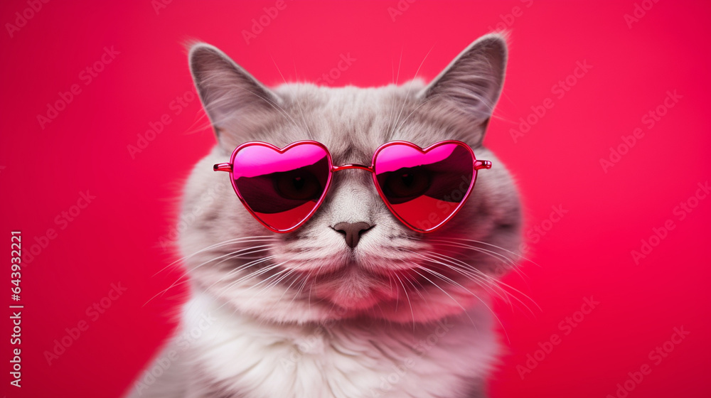 Stylish fluffy cat in sunglasses in the form of hearts on a pink background, the concept of Valentine's Day Stylish fluffy cat in sunglasses in the form of hearts on a pink background, the concept of Valentine's Day