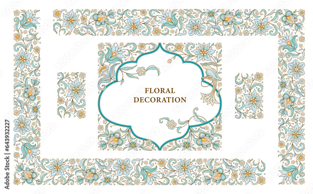 Vector flower pattern, floral square frame, corner vignettes, border, bird, card design template. Elements in Eastern style. Floral borders, flower illustration. Ethnic isolated ornament