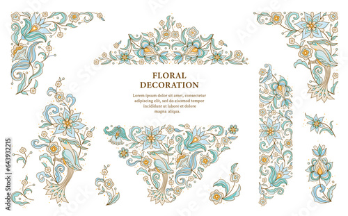 Vector pattern, floral frame, corner vignettes, border, card design template. Elements with birds and flowers in Eastern style. Flower illustration. Indian ornaments. Ethnic isolated ornament.