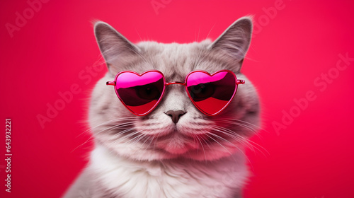 Stylish fluffy cat in sunglasses in the form of hearts on a pink background, the concept of Valentine's Day