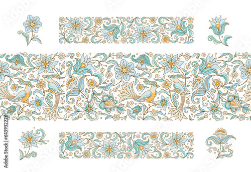 Vector corner elements, frame, seamless border, pattern, frieze, arabesque for design template. Floral ornament in Eastern style. Birds and flower illustration. Ethnic isolated ornamental decor